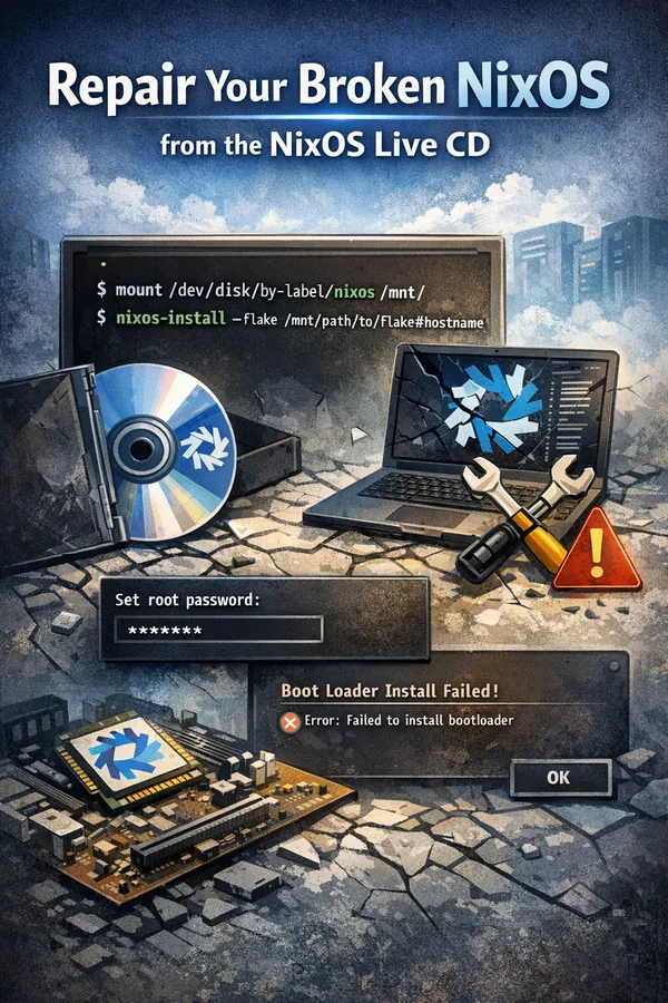 Illustration of repairing a broken NixOS system from a NixOS Live CD